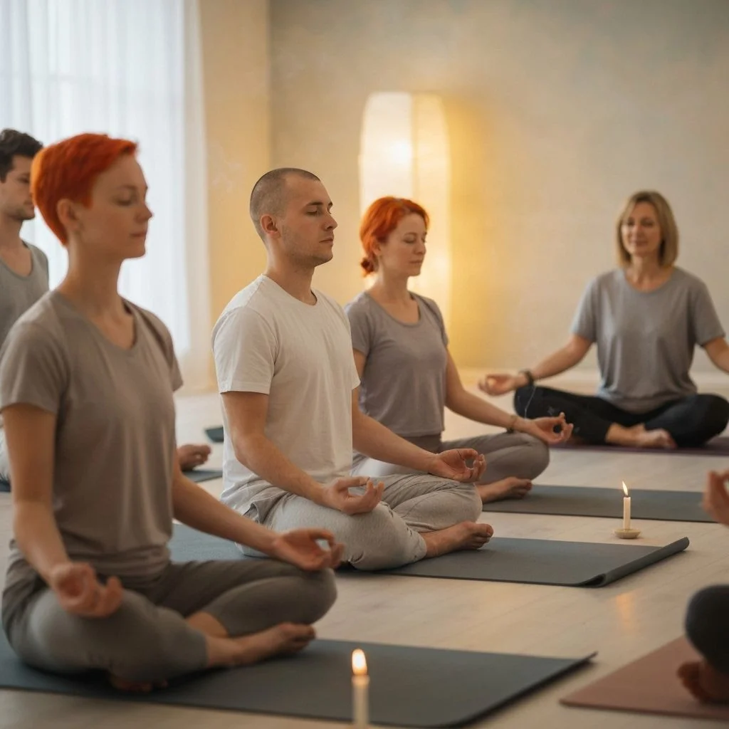 Clase de mindfulness con velas encendidas y personas meditando sentadas en esterillas
